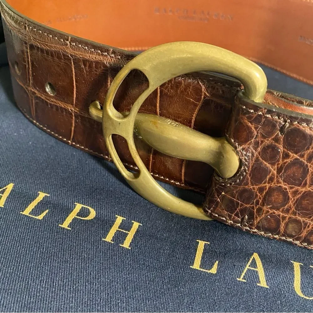 *Vintage Fall 2006 Runway Collection Brown Alligator Brass Buckle Contour Belt - Picture 6 of 16